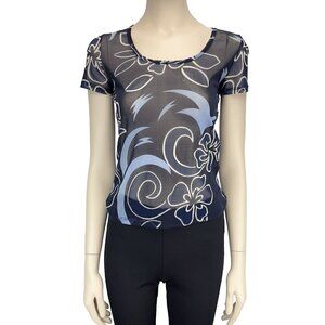 MARELLA MAX MARA Seer Mesh Geometric‎ Floral Pattern Boat Neck Blue White Tshirt